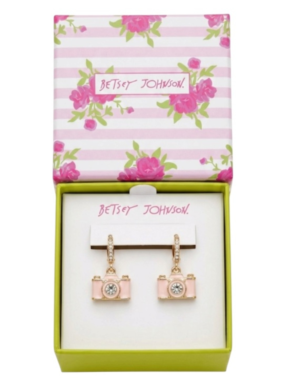 Betsey Johnson Pink Enamel Camera Earrings Rhinestone New In Box